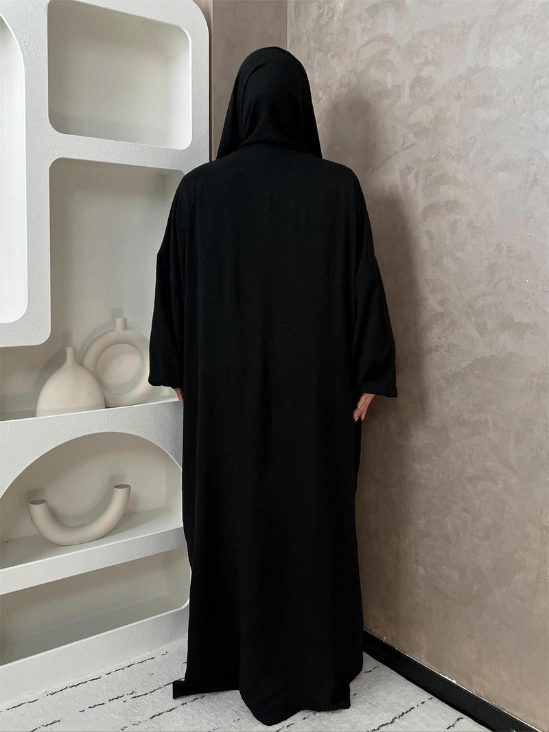 Women's Solid Pocket Bishop Sleeve Hooded Abaya, Islamic Abaya, Modest Casual Long Sleeve Abaya for Spring & Fall, Summer Outfits 2024, Muslim Clothing for Women