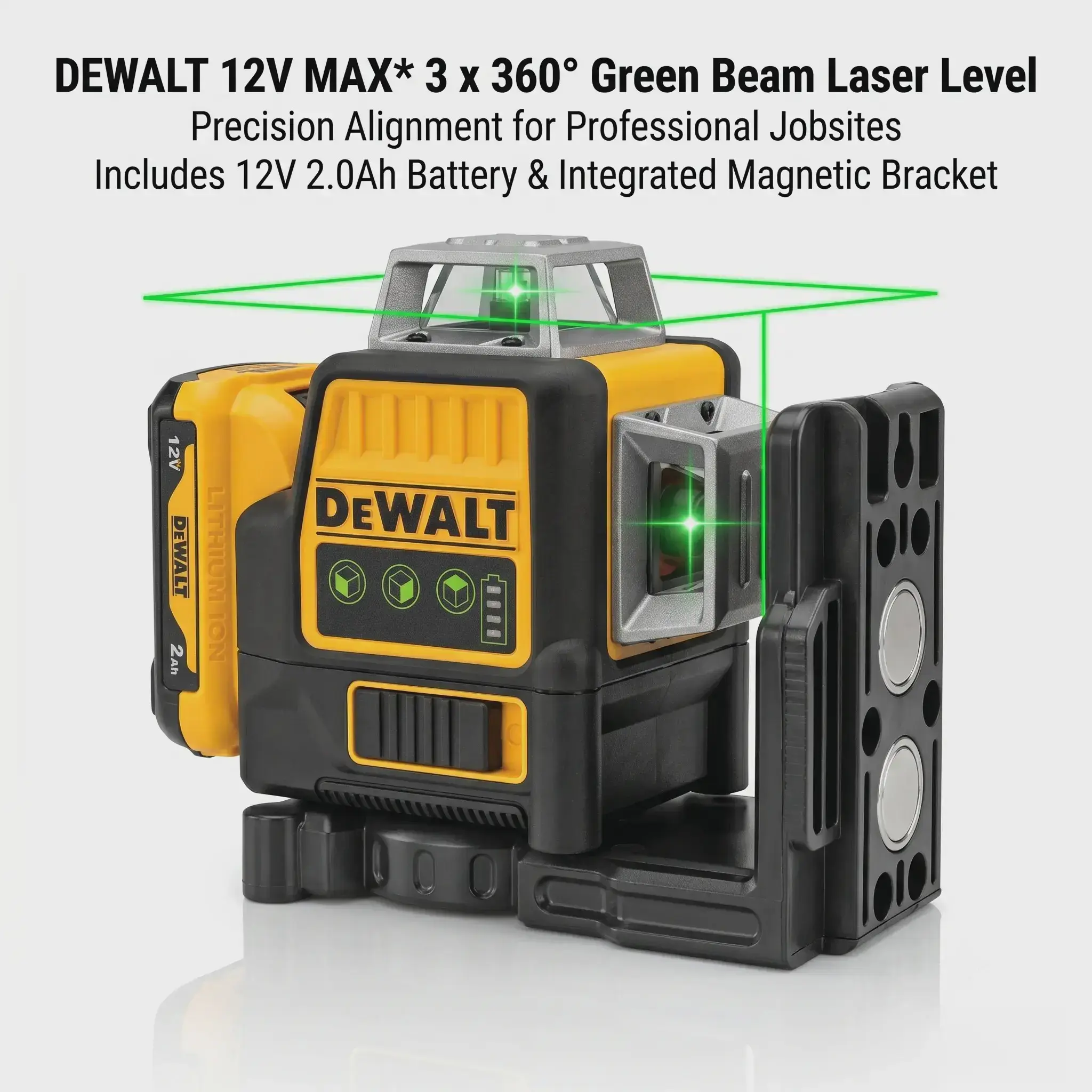 DEWALT 089 12V MAX 3x360 Green Beam Laser Level Kit with 2.0Ah Battery Charger and Storage Bag for Professional Construction, Full Room Layout, IP65 Dustproof Waterproof Automatically Self Leveling 3D Three Plane Tool