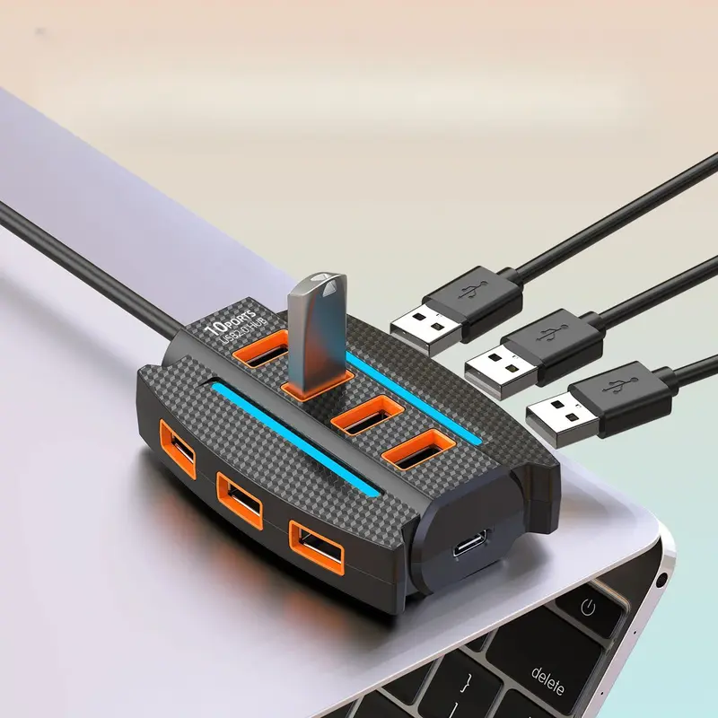 1pc High Speed 10-Port USB 2.0 Hub, Multi-device Data Transfer Splitter, Plug & Play, Max 36V Working Voltage, PC Laptop Accessory, Black & White Available