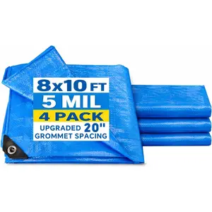 Blue Tarp 8x10 FT (4 Pack), 5 Mil  Poly Tarp, Reinforced Edges, Upgraded 20" Grommet Spacing, Multi-Purpose Tarpaulin, Cover for Camping, Roof, Yard, Budget Value Pack