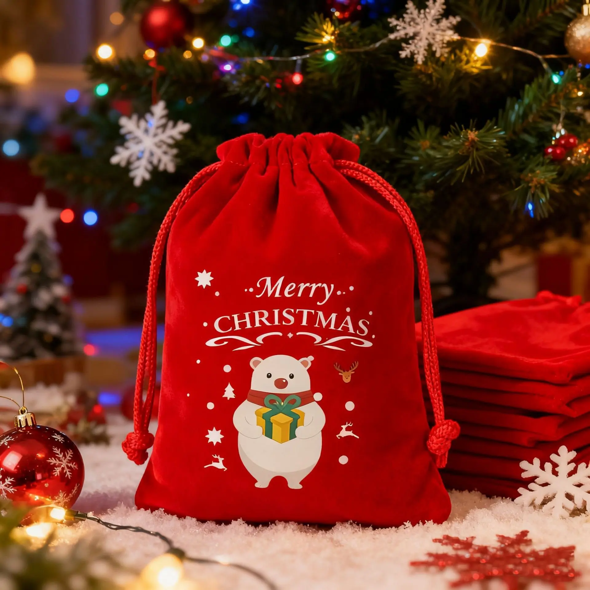 Christmas Velvet Drawstring Gift Bag, Reusable Holiday Party Storage Bag, Ideal for Christmas Apples, Candies, Cookies, Gift Wrapping