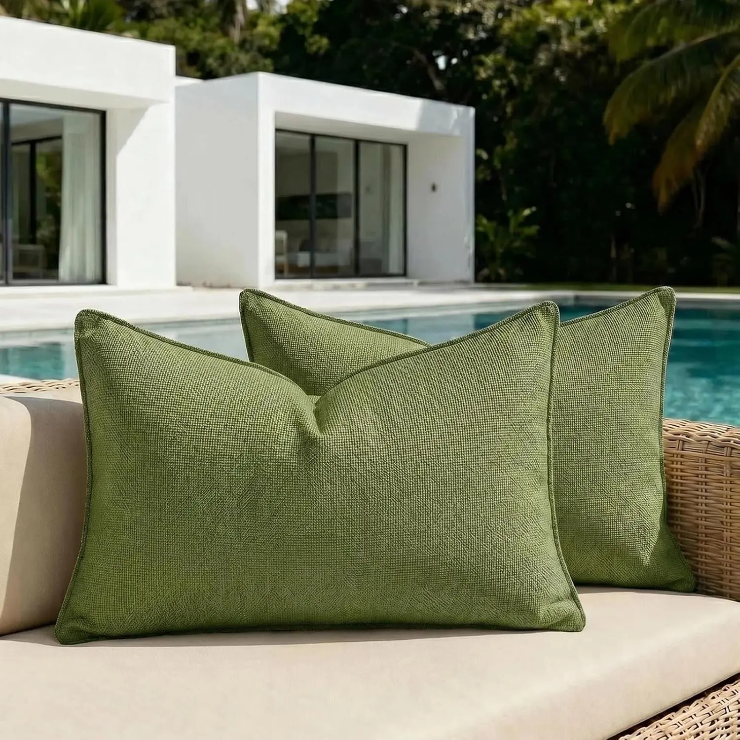 12x20 in Rectangular Outdoor Pillows Set of 2, Waterproof Lumbar Chenille Decorative Covers, Zippered Solid Moss Green Cushion Cases for Farmhouse Boho Balcony Sofa Couch, Zippered Cover