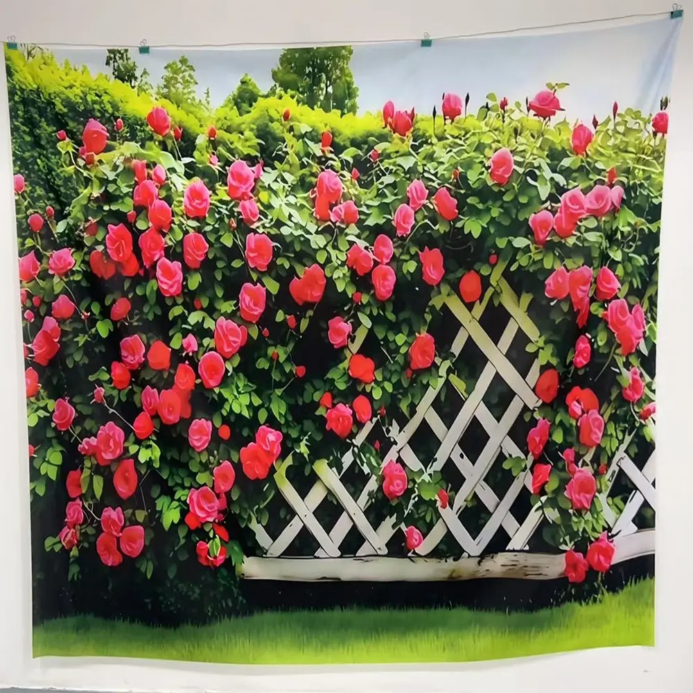 Rose Climbing Garden Backdrop, Lush Floral Grid Print Wall Decor, Polyester Material, Multiple Sizes Available, Outdoor Party Setup, Flower Wall Backdrop, Polyester Fabric Backdrop