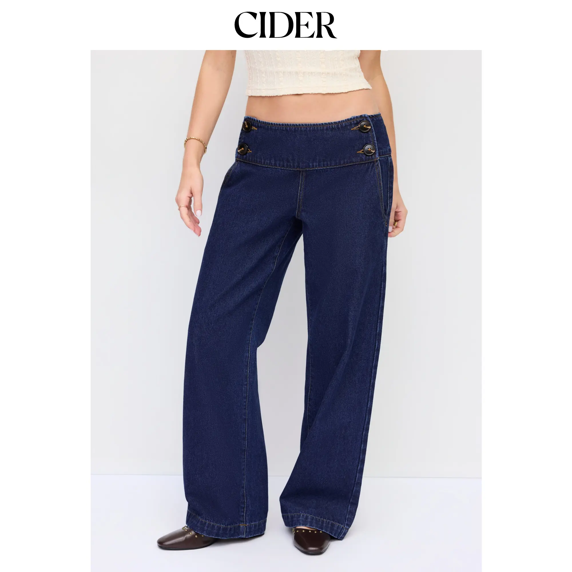 Cider Denim Low Rise Washed Button Detail Wide Leg Jeans