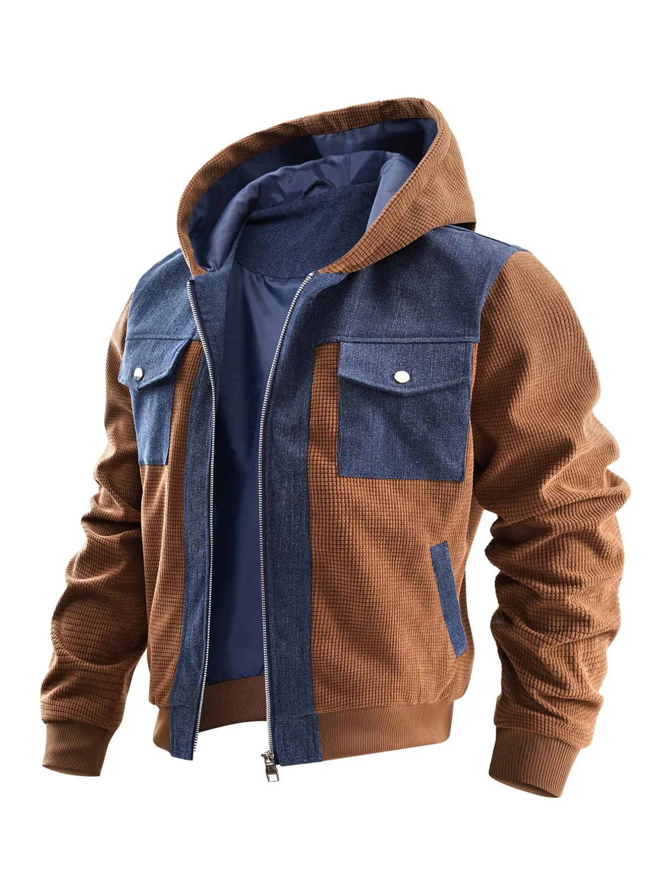 Men's Waffle Knit Denim Patchwork Hooded Jacket, Full Zipper Flip Pocket, Loose Lining Casual Streetwear Coat, Trendy Outerwear