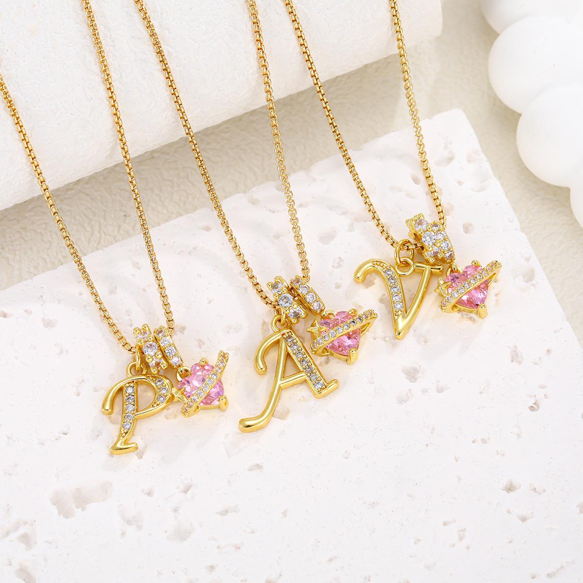 Art Design Letter Necklace Gold 3-Layering Initial A-Z Letter Pendant Necklaces for Women Snake Chain Choker Pink Heart Zircon Adjustable Length Necklace Jewelry For Christmas