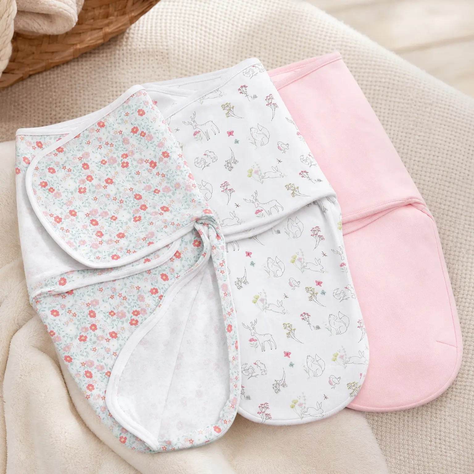Essentials Easy Swaddle Wrap with Bottom Zipper, Snug Cotton Knit Baby Swaddle Blanket for Newborns, TOG 1.0, 3-Pack, Fairy Tale Flowers, 0-3 Months, Small/Medium