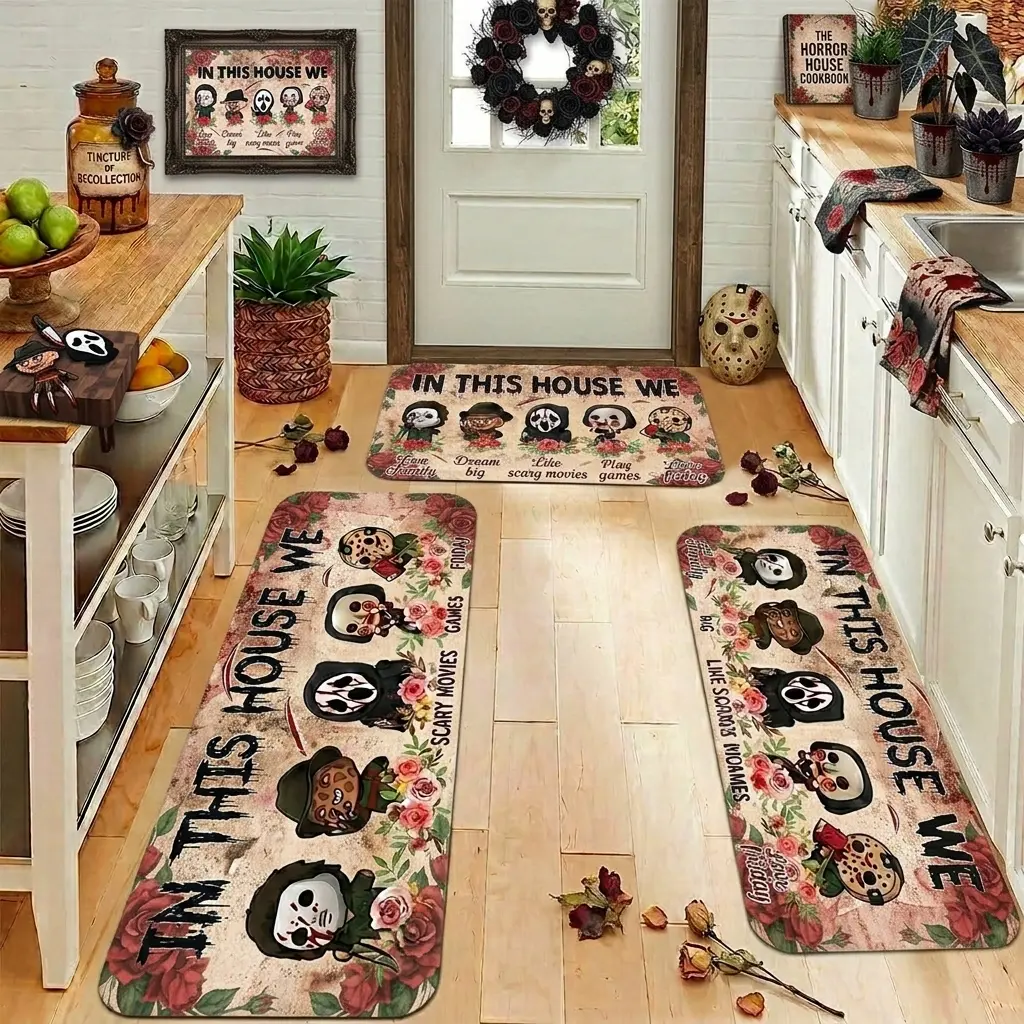Funny Horror Characters Rubber This House Doormat, Xmas Halloween Christmas Welcome Mat, Spooky Season Front Door Kitchen Bathroom Rug