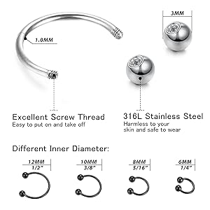 Sanfenly 48Pcs 14G Stainless Steel Horseshoe Nose Septum Rings Piercing Jewelry Cartilage Helix Tragus Earring Hoop Eyebrow Lip Hoop Piercing Ring for Women Men 6mm 8mm 10mm 12mm Beads Gold