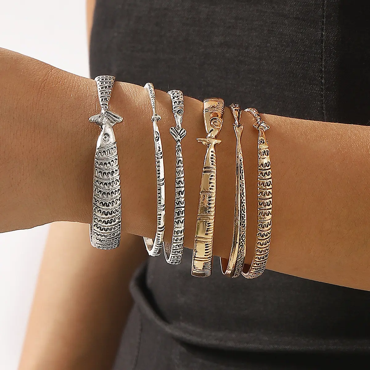 Vintage Multi-Layer Stackable Alloy Fish Bangle Ocean Animal Women Bracelet