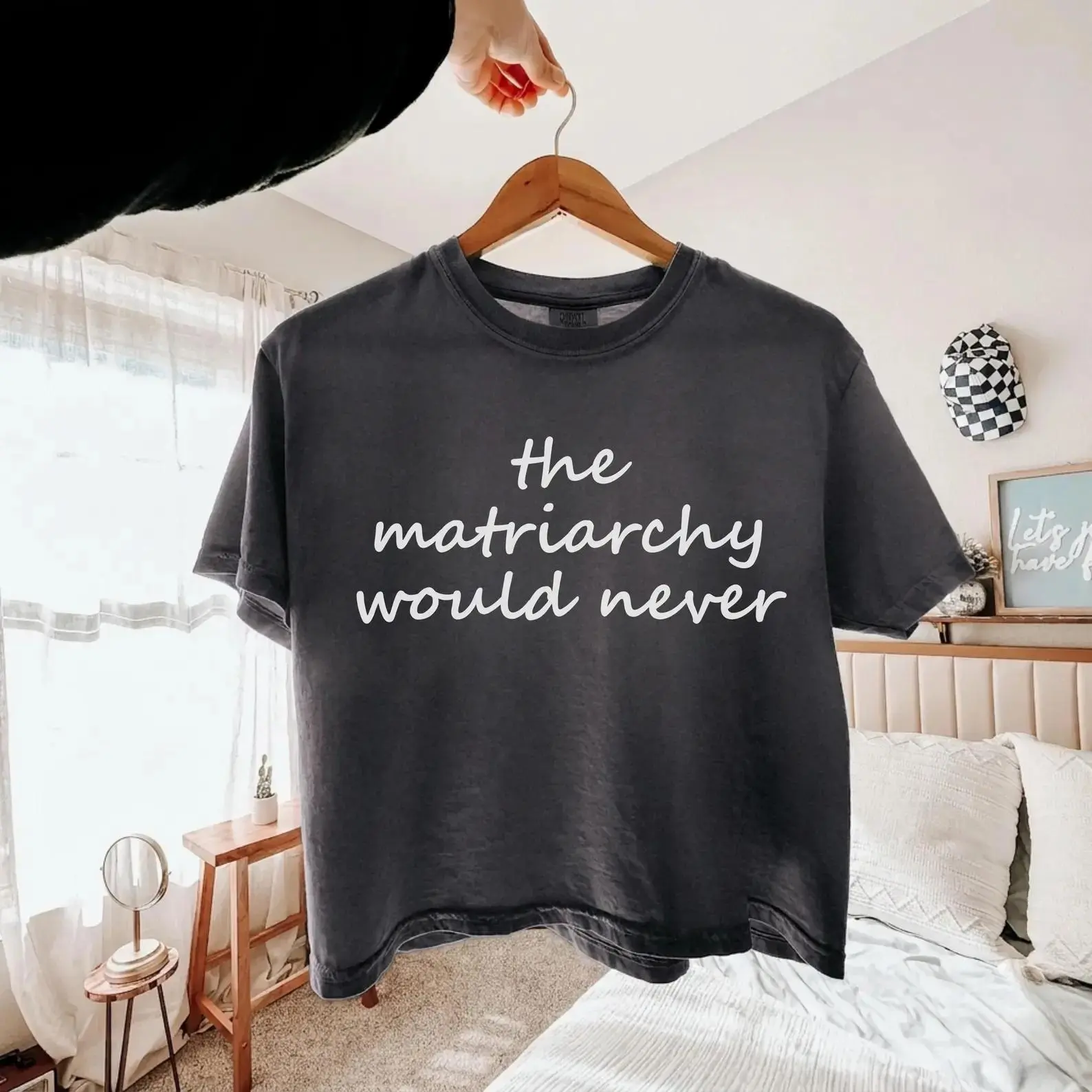 Women's Casual Printed Graphic Tee - Feminist Quote "The Matriarchy Would Never", Cute Red Hand Lettering, Cream Comfort Colors Short Sleeve Everyday Top, Cotton