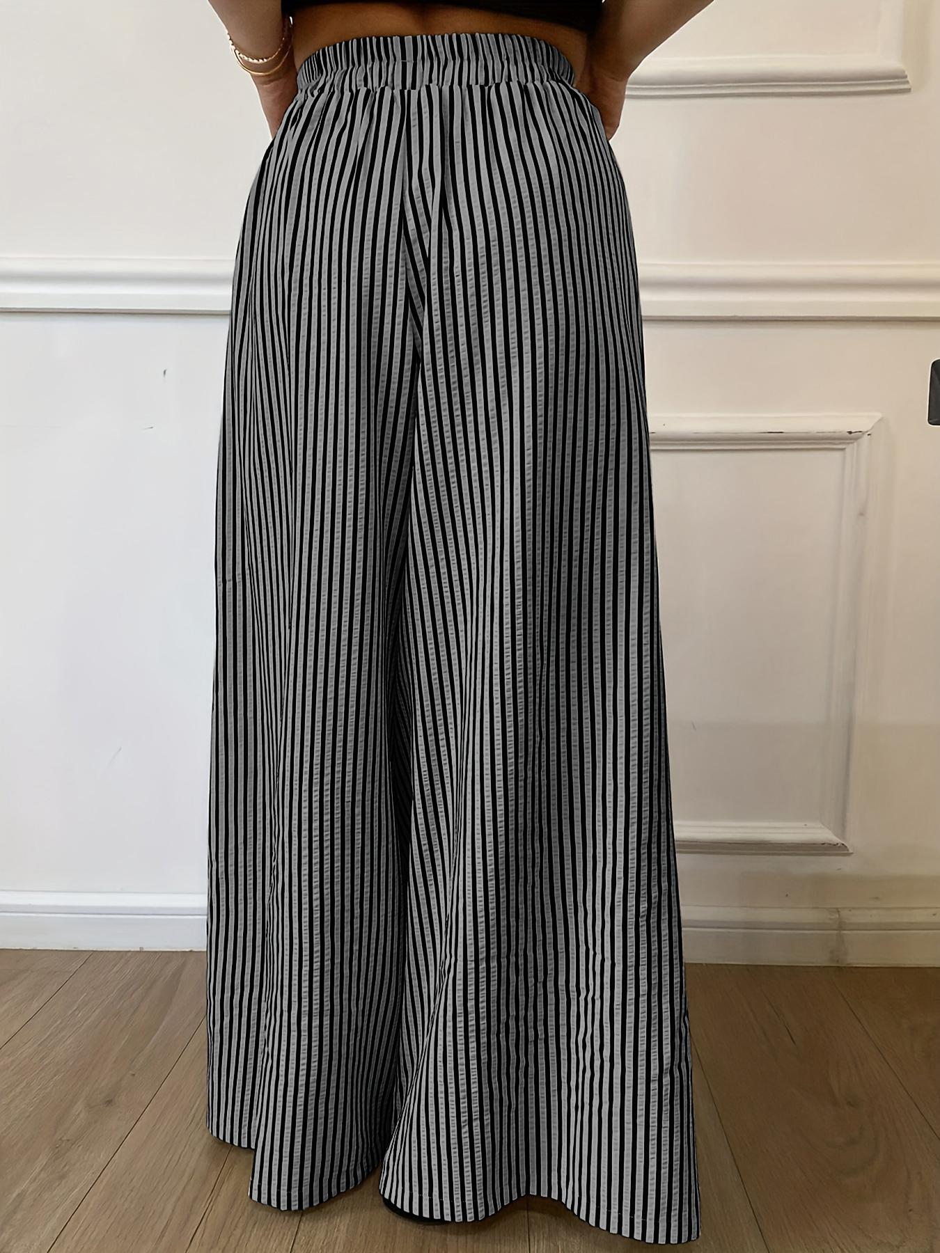 Women's Vertical Striped Casual Elastic Waist Wide Leg Pants, Loose-Fitting Stripe Design, Comfortable Daily Wear