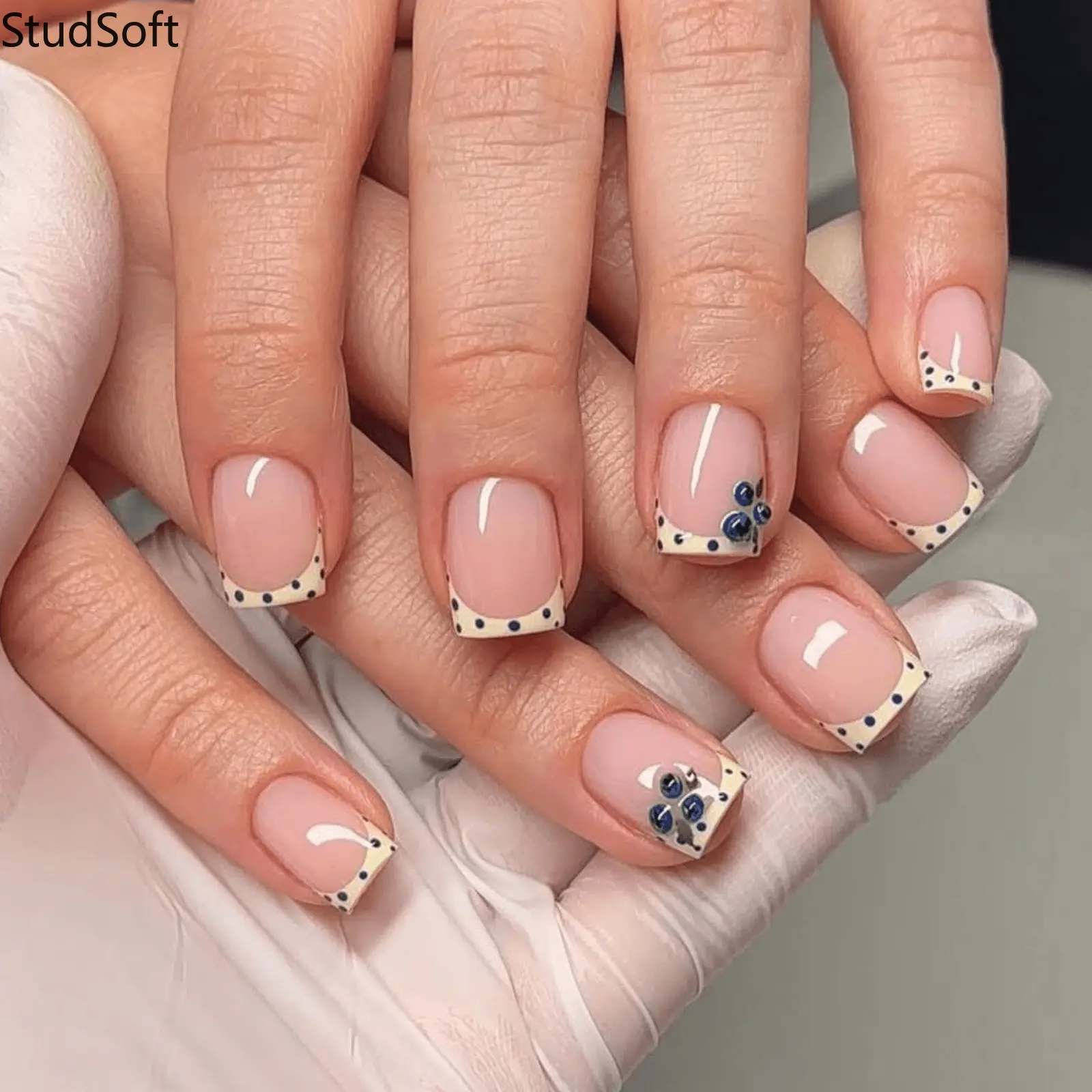 24Pcs Glossy Short Square Press on Nails French Polka Dot Fake Nails Reusable Nude 3D Blue Flower Rhinestones Glue on Artificial Nails for Women Daily