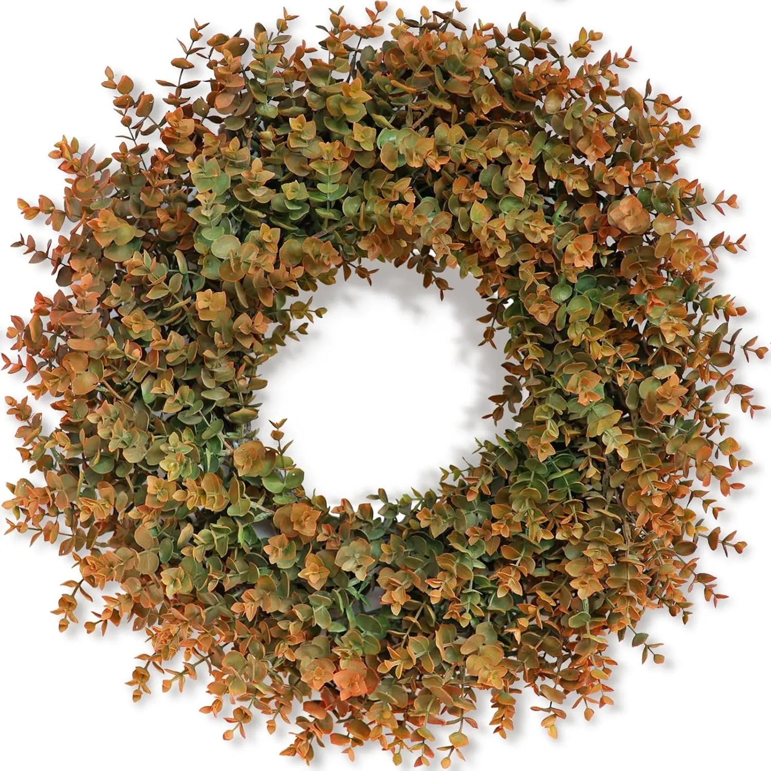 26" Large Artificial Eucalyptus Leaves Fall Wreath for Porch(Orange-Green)| Fake Outdoor Wreath, UV and Water Resistant, for Front Door/Porch/Window/Wall/Farmhouse/Home/Thanksgiving Day/Autumn Decor