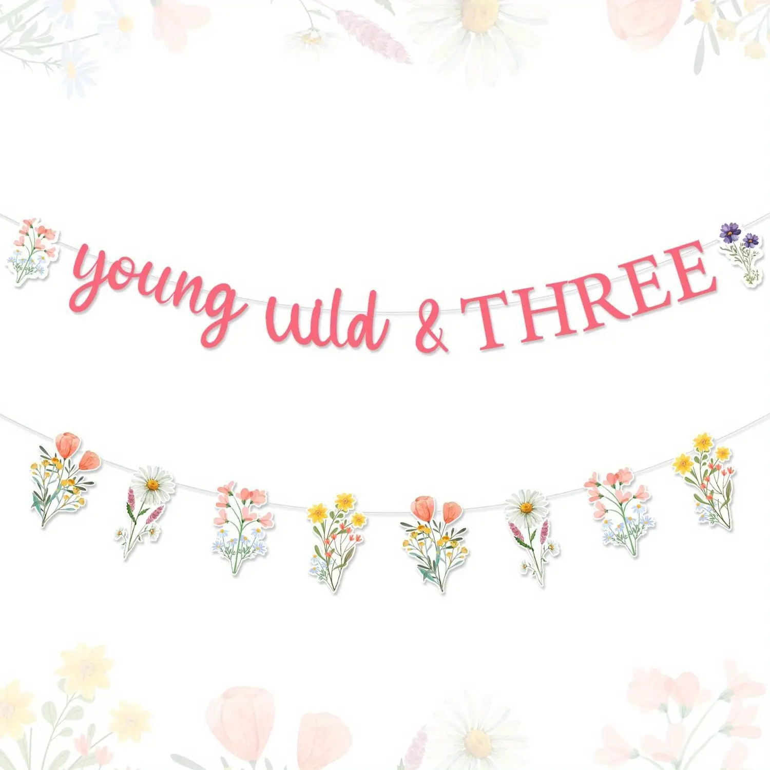 1Set Wildflower 3anniversary Birthday Decorations Young Wild and Three Wildflower Banner Colorful Wildflower Garland for Girls Wildflower Flower Floral 3 Year Old Birthday Party Decorations