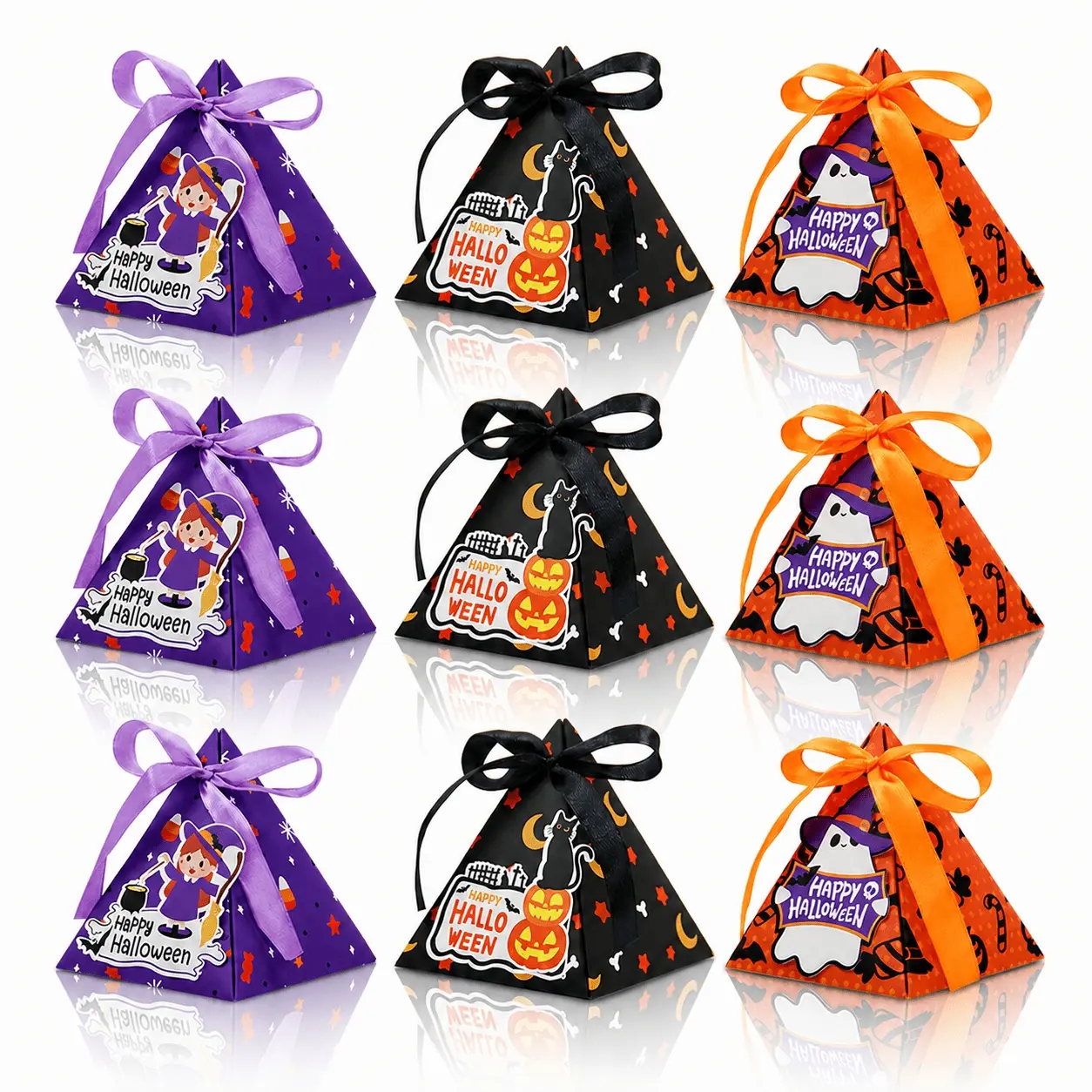 12/24 Mini Halloween-themed Triangular Candy Boxes (black Cat/pumpkin/ghost/witch) Suitable for Party Gift Box Packaging, Desktop Decoration, Party Treat Bags, Festive Candy Storage Boxes, Party Favours and Trick-or-treat Activities
