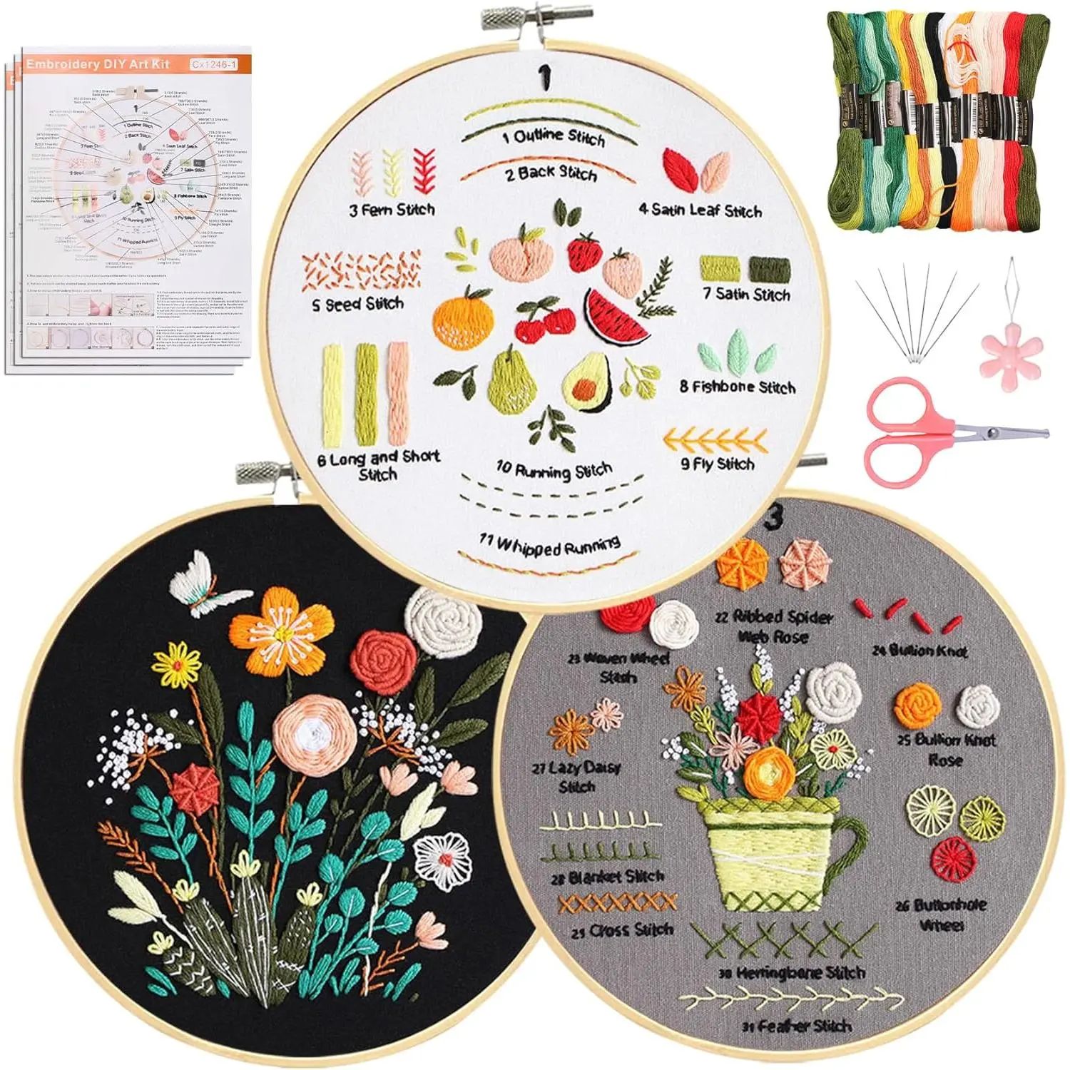 3 Pack Beginner Embroidery Kits for Adults DIY Starter Kit with 33  Techniques, Stamped Patterns, Embroidery Hoop, Colorful Threads, Video Tutorial
