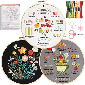 3 Pack Beginner Embroidery Kits for Adults DIY Starter Kit with 33  Techniques, Stamped Patterns, Embroidery Hoop, Colorful Threads, Video Tutorial