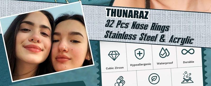 THUNARAZ 32 Pcs Exquisite L Shape Straight Corkscrew Nose Rings Studs for Women Men 18G 20G Hypoallergenic Surgical Stainless Steel Retainer Clear Nose Rings Hoops Cartilage Helix Tragus Piercing Jewelry for Summer Holiday Christmas Gift