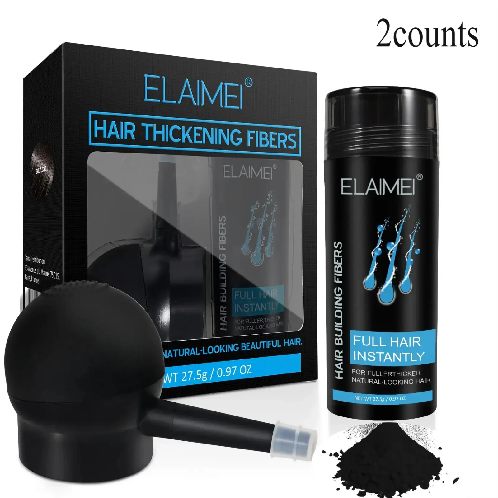 Elaimei Hair Fiber Kit, Spray Bottle + 27.5g Natural Formula, Ideal for Thin Hair, Fuller Look, Non-Irritating, Scalp-Friendly