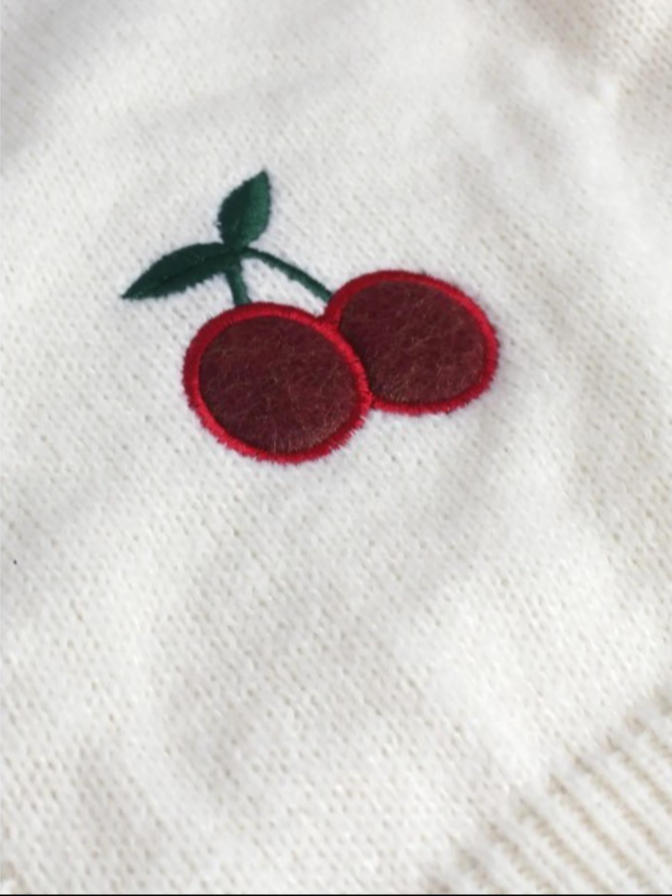 【Plus Size】 Cherry Embroidery Drop Shoulder Open Front Cardigan Knitting, Casual Long Sleeve V Neck Knitwear for Spring & Fall, Women's Plus Clothing for Daily Wear