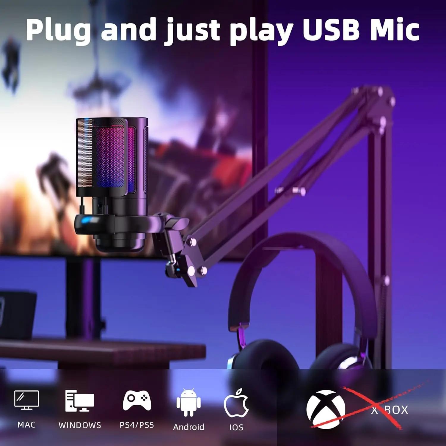 USB Condenser Microphone RGB Esports Game Call Recording Condenser Mic with Metal Boom Stand Desktop Mic for Studio Recording