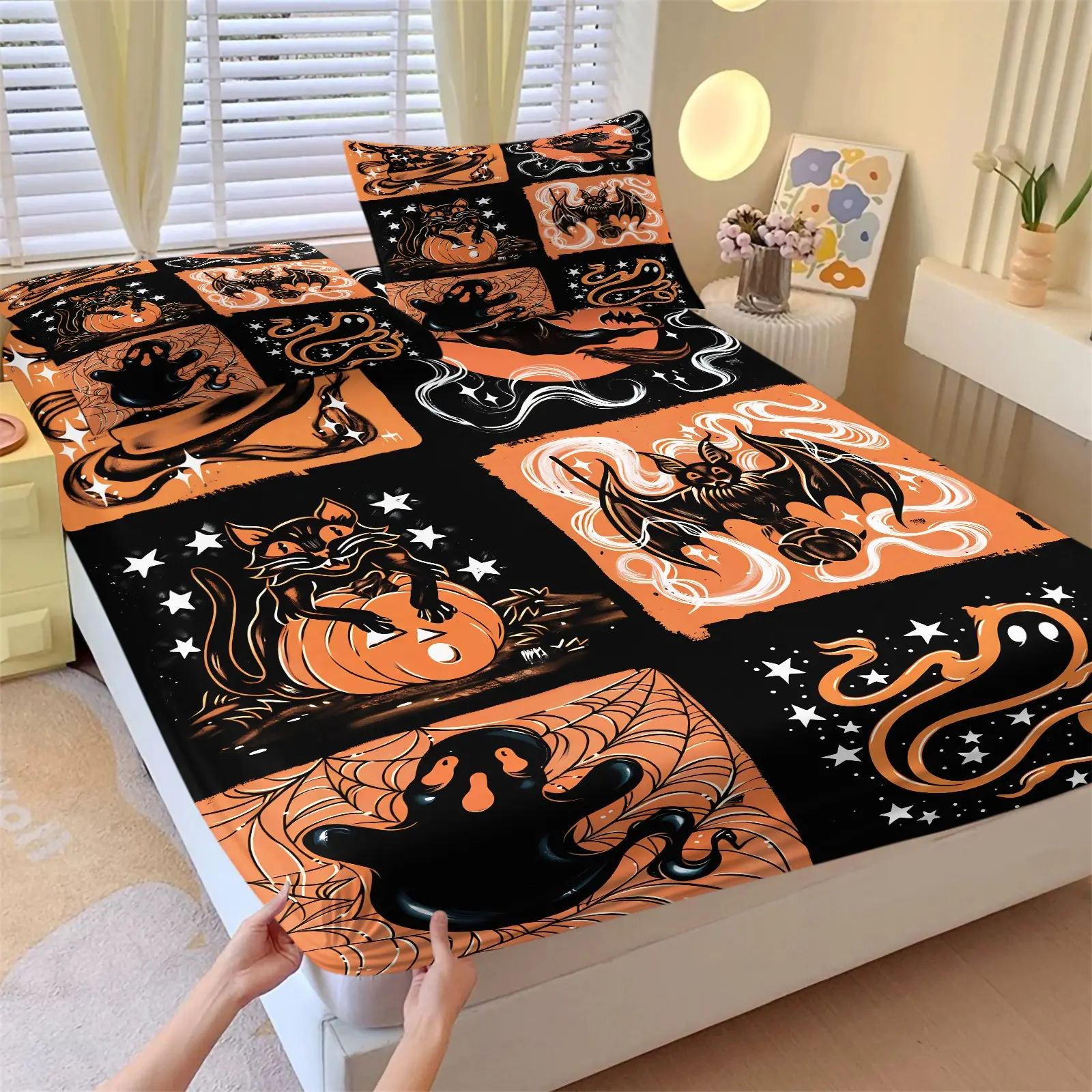 3PCS Halloween Pumpkin Ghost Bat Black Cat Grid Fitted Sheet Set (1 Fitted Sheet + 2 Pillowcases), Soft Wrinkle Resistant Breathable Skin-Friendly Fabric, Deep Pocket Anti-Slip Full Wrap Design, Spooky Halloween Bedding For Bedroom & Dorm