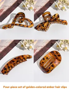 4-Piece Set, Large Size Gold Amber Leopard Print Hair Claw Clips, Heart, Bow, Round & Banana Clips, Large Strong Grip Clips, Ponytail Hair Accessories Set for Women with Thick Hair