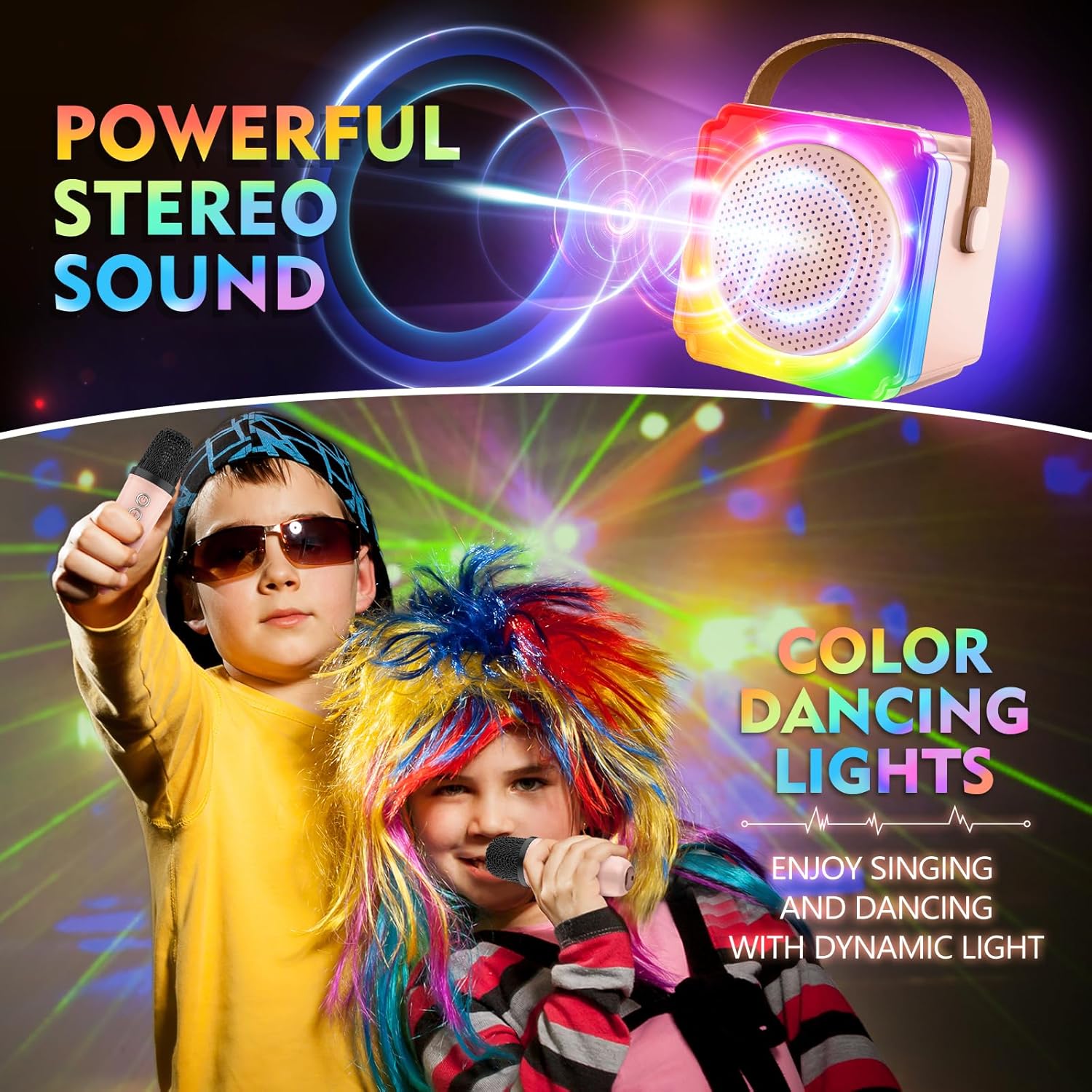 Portable Multifunction Karaoke Machine with 2 Wireless Microphones, USB Rechargeable Handheld KTV Smart Karaoke Toy with 5 Magic Sound Effects, Suitable for Home, Party, Festival