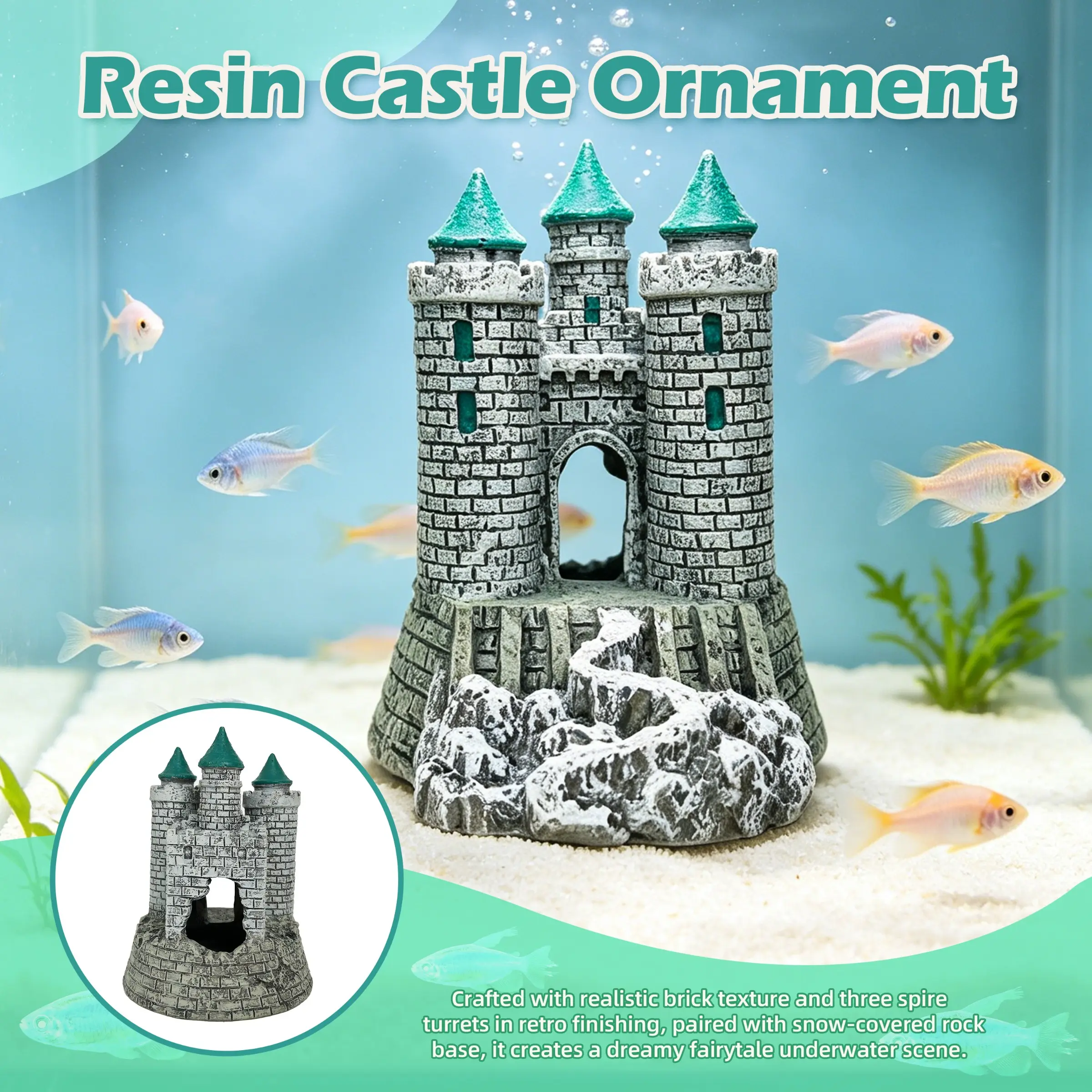 Realistic Resin Castle for Fish Tank Decoration, Underwater Fortress, Lake Bottom Ancient Castle, Hidden Cave Ornament, Fantasy Aquatic Scene Decor