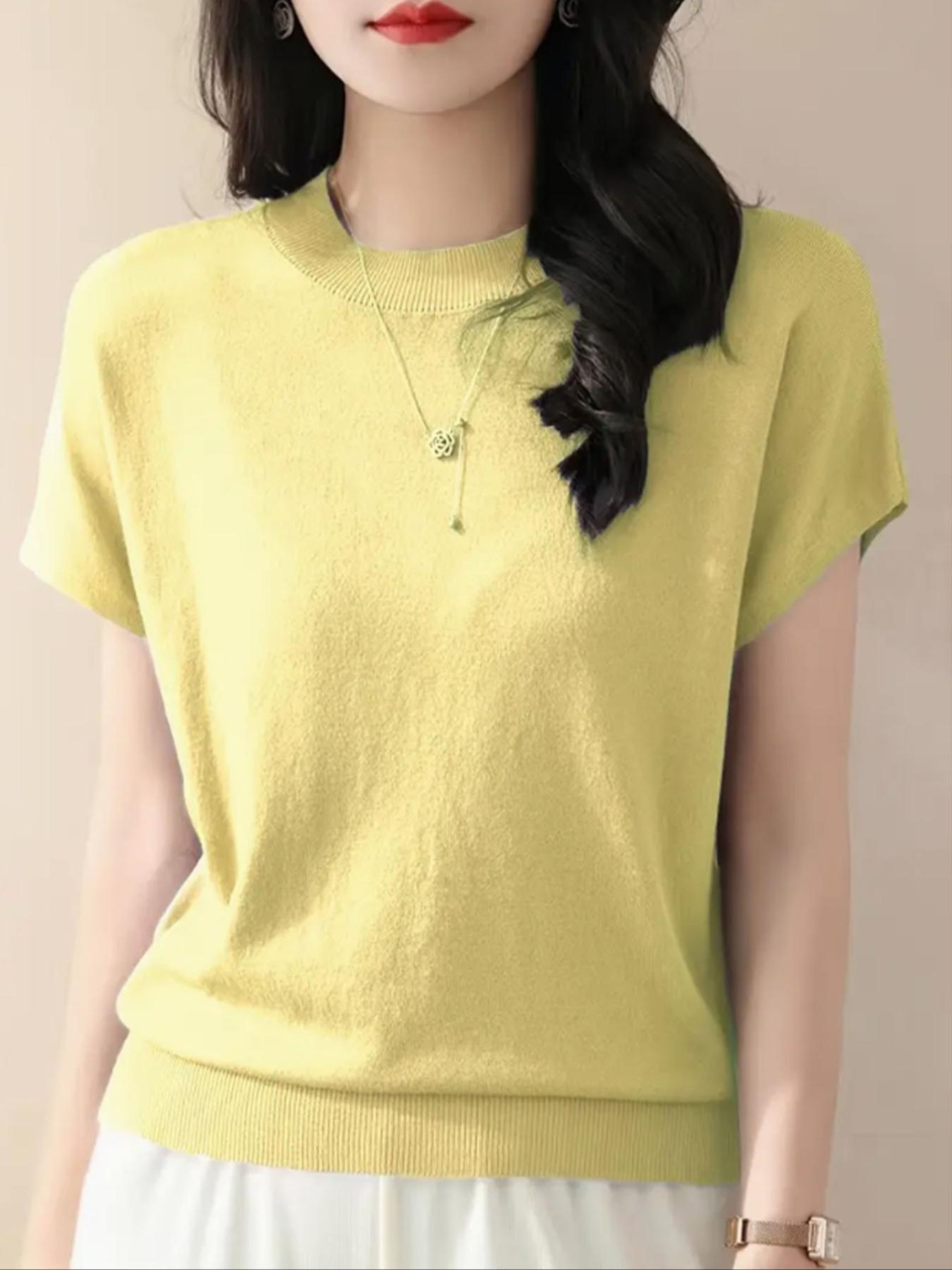 Women's Plain Round Neck Sweater Knitwear, Casual Short Sleeve Crew Neck Jumper for Summer, Fashion Women's Top for Daily Wear