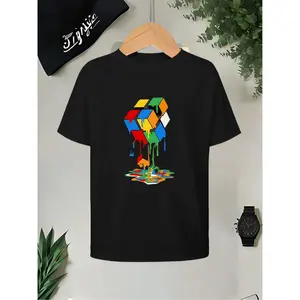 180g1pc New Style Boys' 100% Creative Melted 's Cube Pattern T-Shirt, Comfortable and Breathable, Versatile Short Sleeve Top for Teenagers and Children, Suitable for Daily Wear, Sports, School, and Casual Occasions