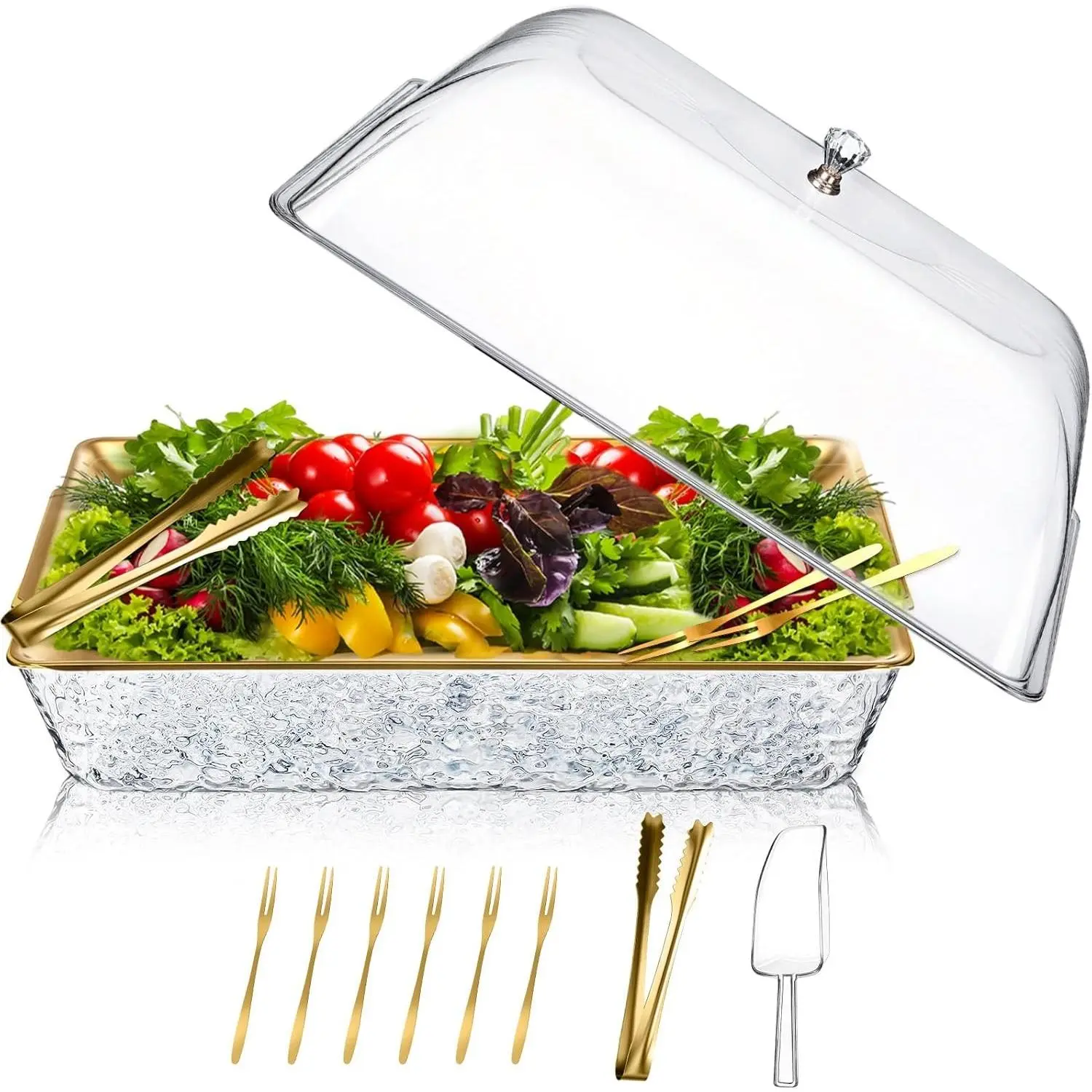 1 Set 16" x 9" Chilled Serving Tray for Parties with Compartments and Lid Ice Rectangle Chilled Charcuterie Serving Board Platter for Seafood Vegetable Fruit Shrimp Cocktail (Gold)