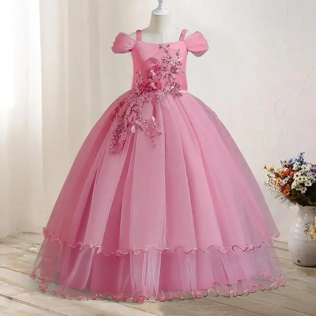 5-14Y Girl Dress Sequin Princess Long Formal First Communion Children Party Elegant Kids Dresses for Girl Wedding Birthday Gown