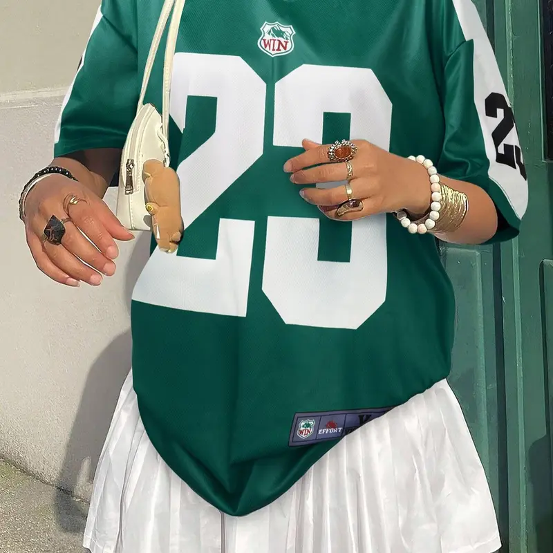 Women's Letter & Number Print V Neck Sports Jersey Tee, Activewear Tees, Casual Comfy Short Sleeve T-shirt for Summer, Women's Top for Daily Wear, Sports Tops, Fitness Clothes Tops, Workout Daily Wear, Athletic Fashion Activewear, Athleisure Style