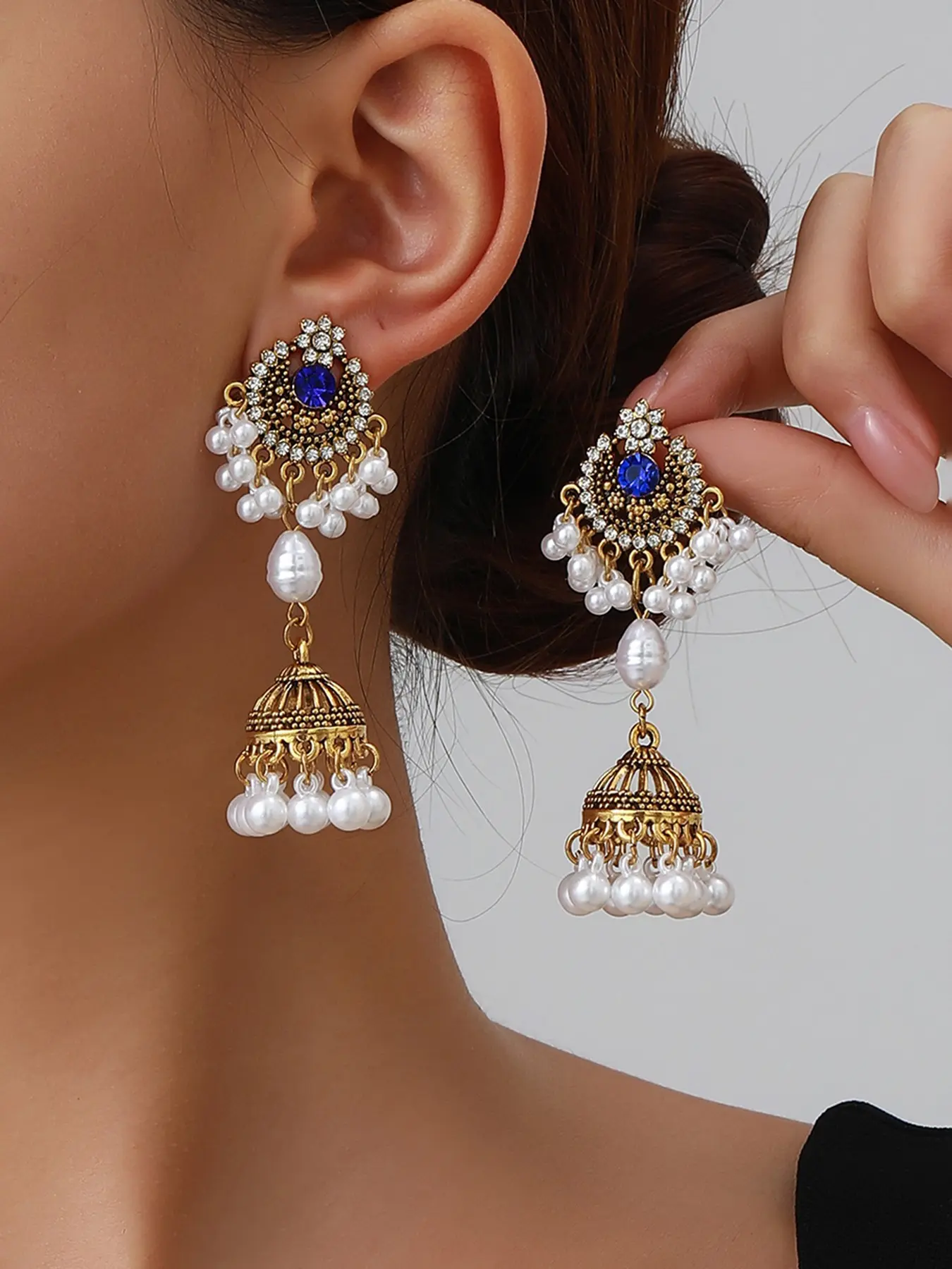 1 Pair Antique Gold Indian Jhumka Earrings for Women, Vintage Royal Blue Crystal Filigree Bell Drop Dangle Earrings with Teardrop Faux Pearl Tassels, 6 Colors Available, Bollywood Boho Tribal Festival Accessories