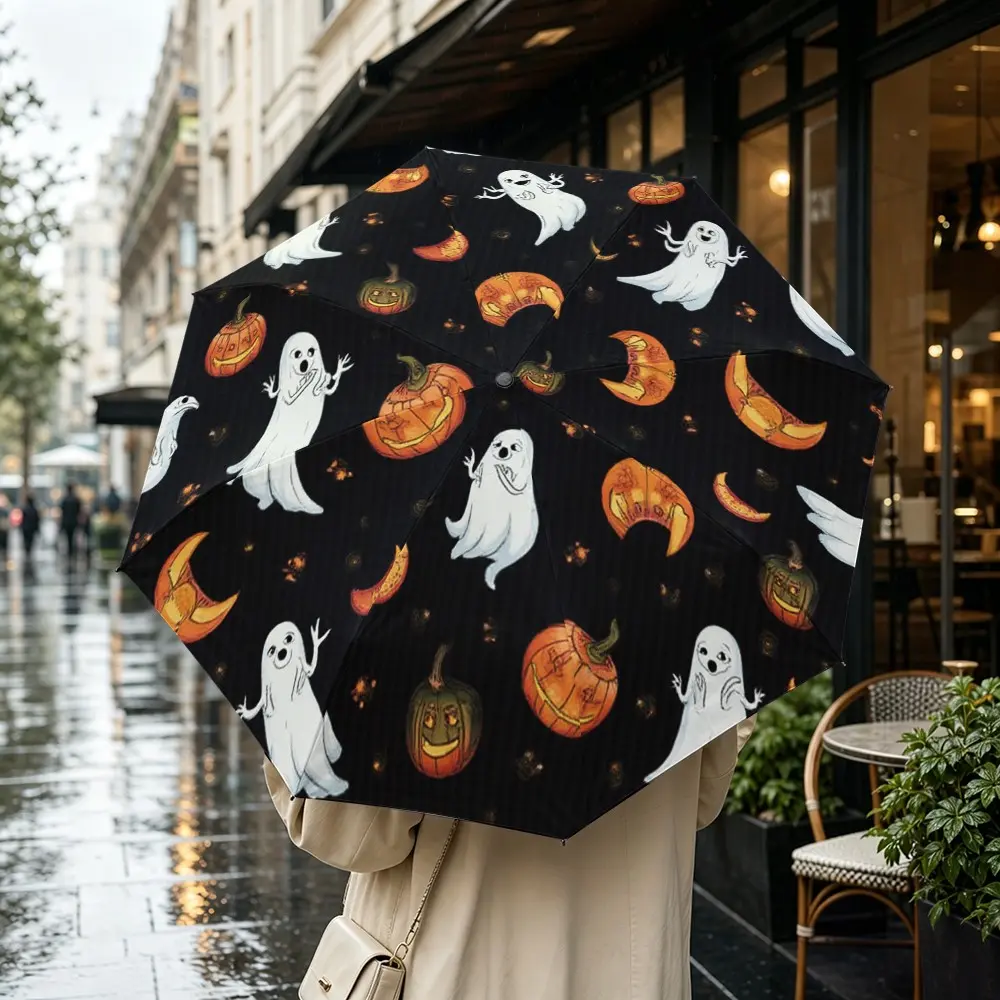 Halloween Ghost Pumpkin Pattern Umbrella, 8-Rib Automatic Folding, Portable Outdoor Accessory, All-Season, Holiday Gift