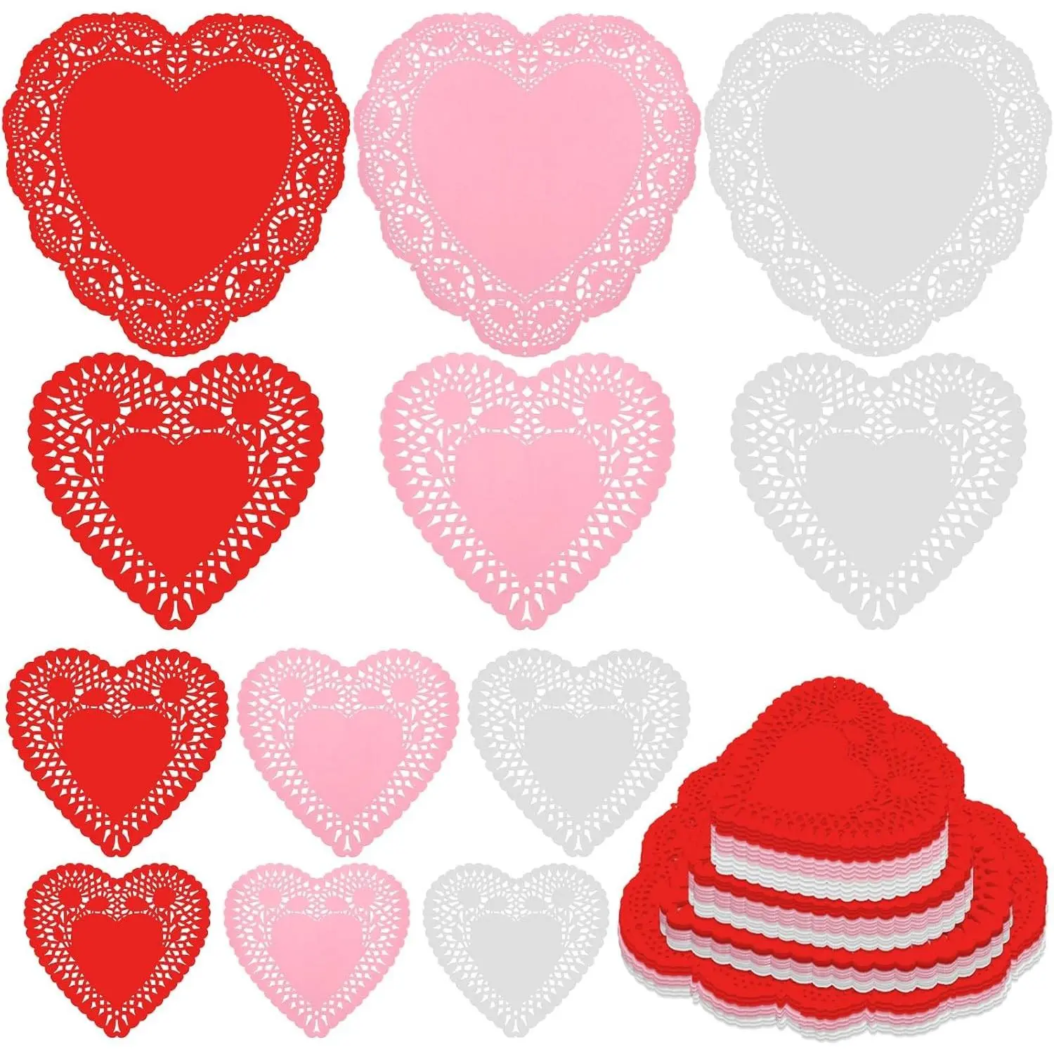 1000 Pcs Valentine Heart Doilies, Valentines Day Paper Doilies for Crafts - 3 Colors Red Pink White Paper Lace Heart Cutouts for Valentine Party Decorations