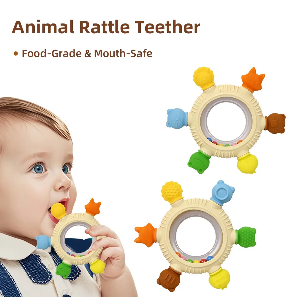 2 in 1 Baby Teether Rattle Toy, Ring Teether with 6 Textured Chewing Surfaces, BPA-Free, Easy Grip Sensory Teething Toy with Colorful Rattle Beads for Babies