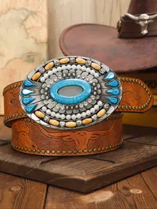Men's Vintage Western Belt, Fashionable Embossed Flower Bull Pattern Cowboy Belt, Retro Bohemian Style Western Belt for Party, Prom, Daily Wear