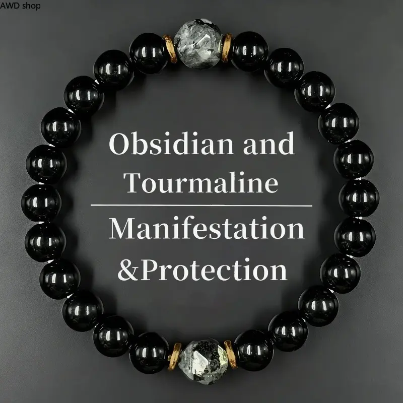 Obsidian & Black Tourmaline Beaded Bracelet for Men & Women, Grounding Protection Prosperity Manifestation Crystal Jewelry, Black Energy Stone Bracelets, Holiday Gift for Birthday Valentine Anniversary, Back to School