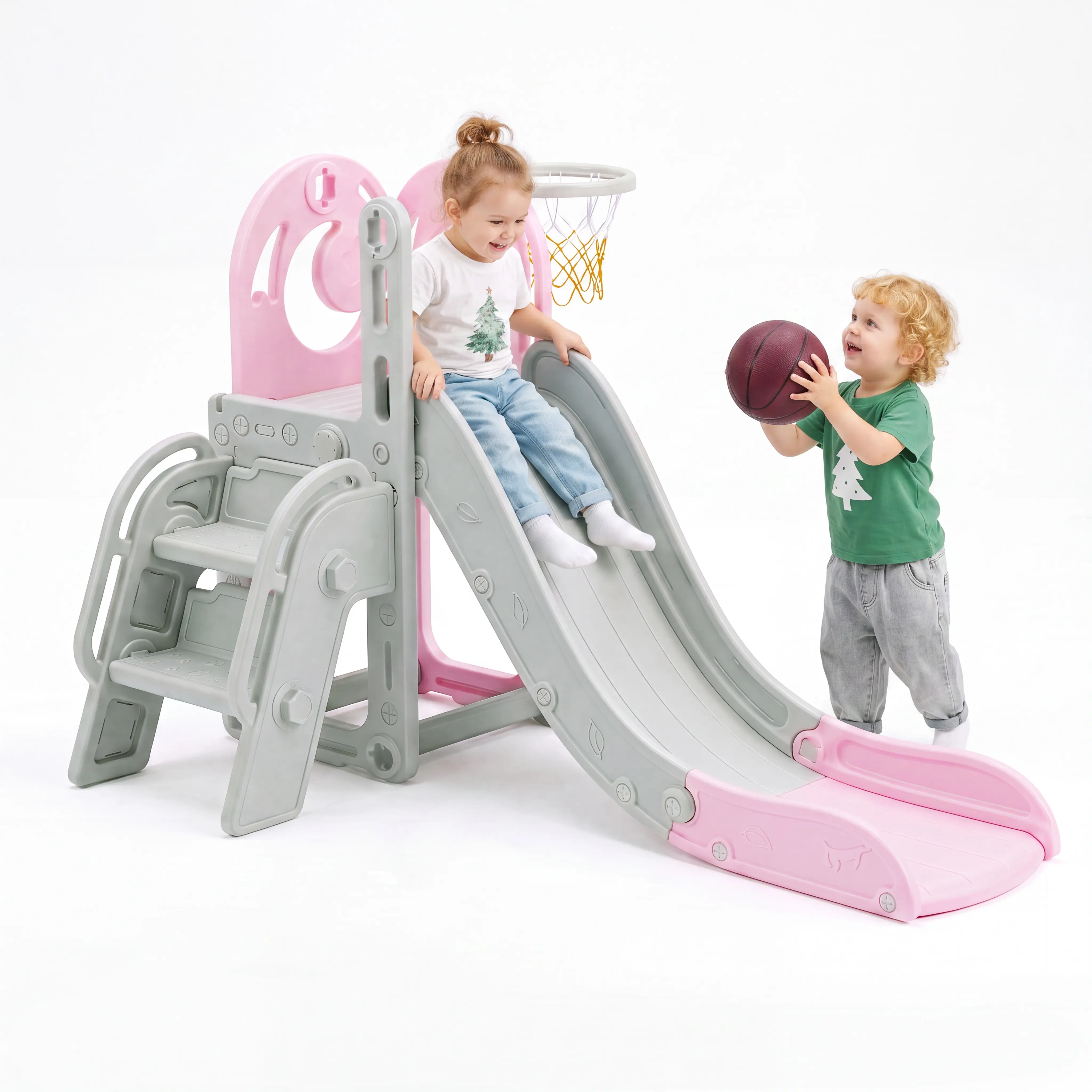 4-in-1 Toddler Slide and Climber Playset, 59-Inch Indoor Outdoor Kids Slide with Basketball Hoop, Storage Space, Non-Slip Steps and Extended Landing, Includes Ball, Pink and Gray