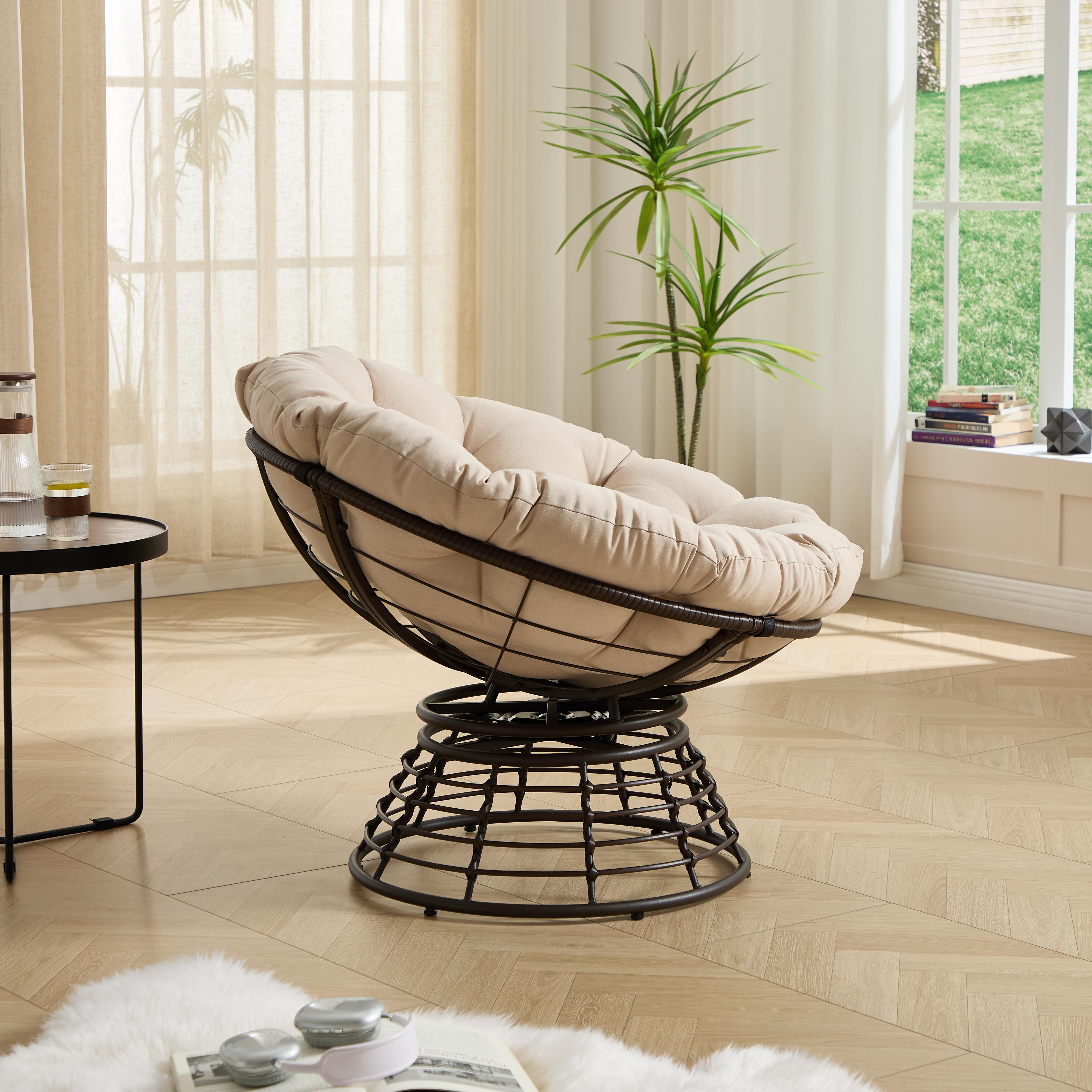 Comfortable Ergonomic Wicker Papasan Chair, 360 ° Swivel Indoor Outdoor Rattan Chair with Soft Thick Cushion, Ideal for Living Room, Bedroom, Reading Room, Brown Frame with Beige Cushion Comfortable Ergonomic Wicker Papasan Chair, 360 ° Swivel Indoor Outdoor Rattan Chair with Soft Thick Cushion, Ideal for Living Room, Bedroom, Reading Room, Brown Frame with Beige Cushion