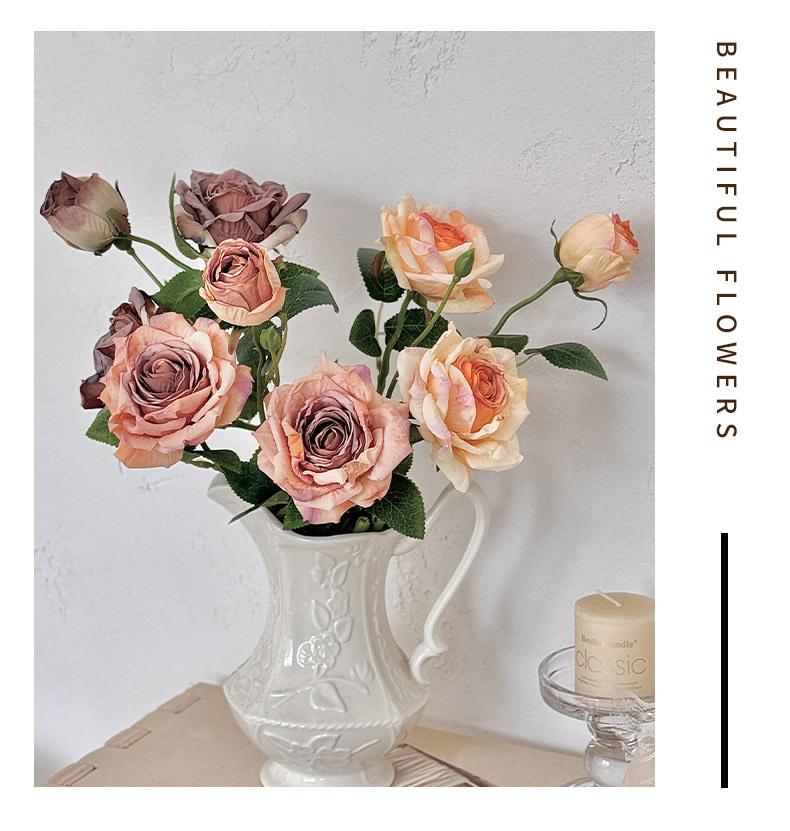 Vintage Burnt Edge 3-Head Rose Oil Painting Style Artificial Flowers Dried Flowers Handheld Bouquet Fake Flowers Decoration Photo Props