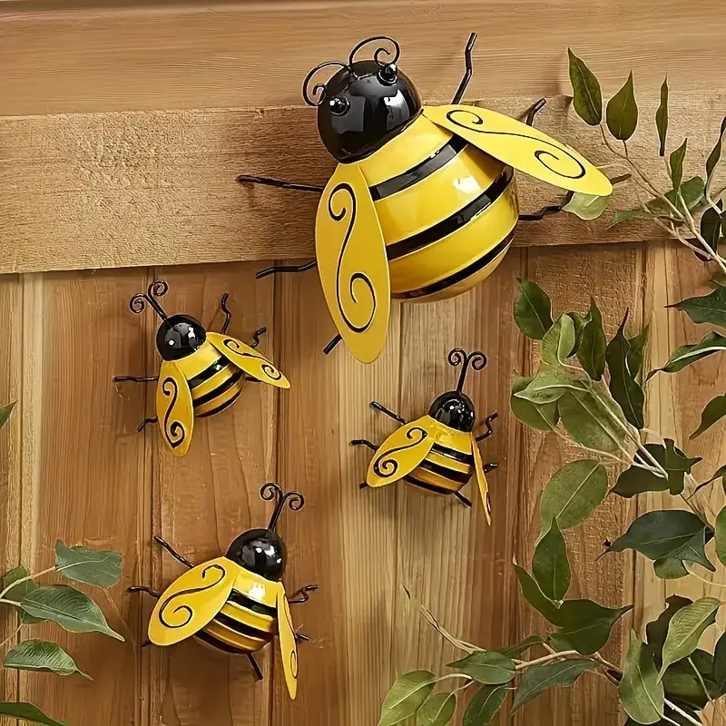4Pcs Metal Bee Wall Decor, 3D Stereo Sculpture Ornaments, Garden Sculptures and Decor, Weatherproof Outdoor Garden Fence Hotel Wall Decoration, Metal Art Bee Statues