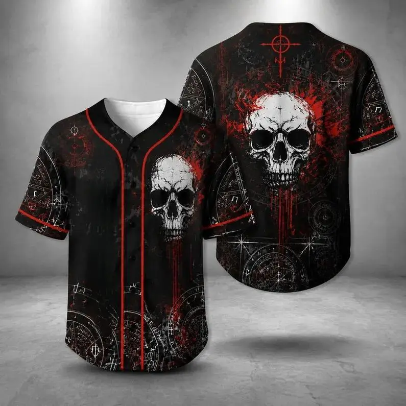Dark Occult Skull Graphic Short Sleeve Baseball Jersey, Black Red Grunge Gothic Casual Streetwear Gift # TikTokMadeMeBuyIt # OccultFashionJersey # SkullPatternPrint # DarkGothStyle # StreetwearEssential # EdgyFashionTop # GothicGiftIdea