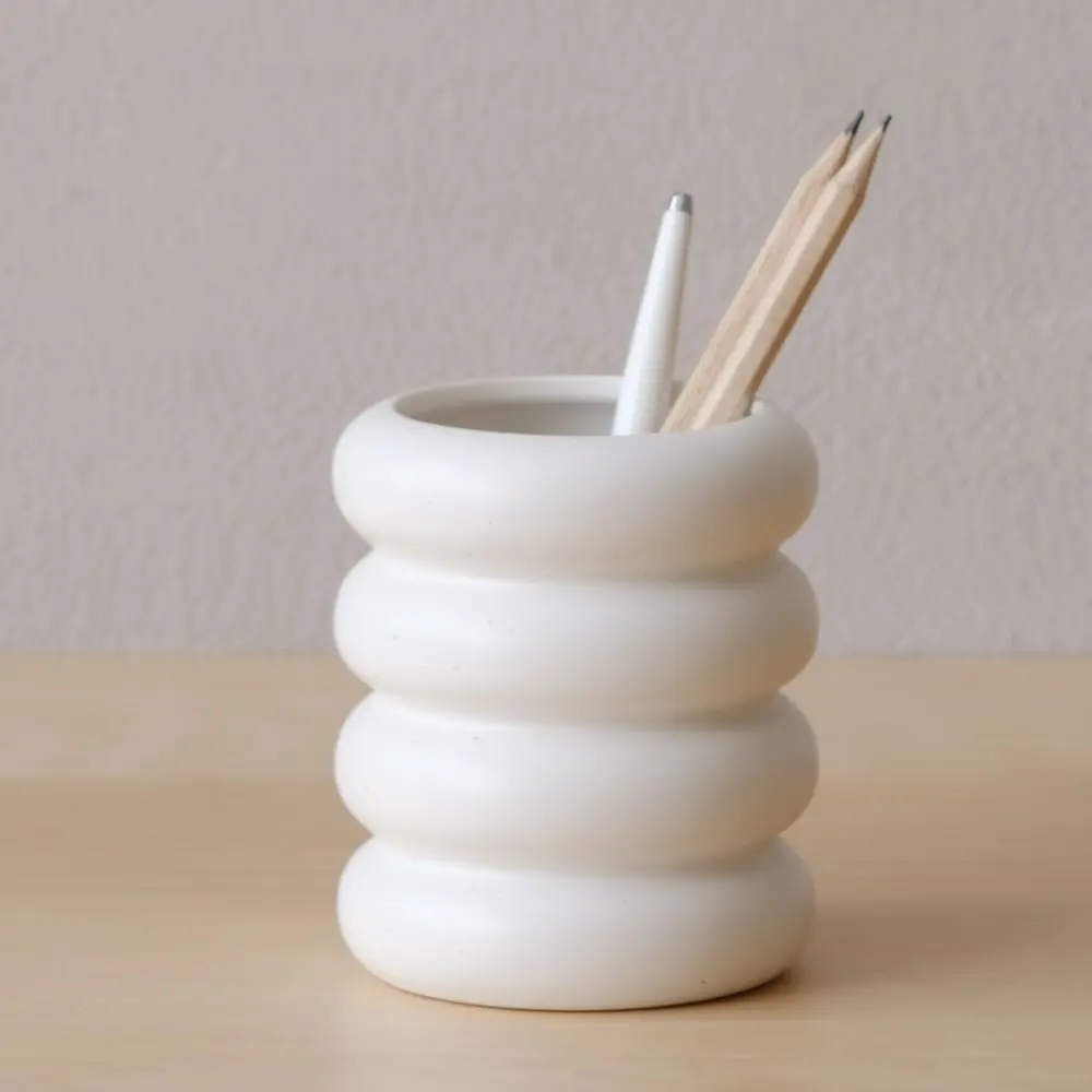 Ceramic Pen Holder, Pencil Holder, Cute Makeup Brush Holder, White | 4.13 in tall ceramic makeup brush holder also stores pens, pencils, or .  abstract design suits modern desks.
