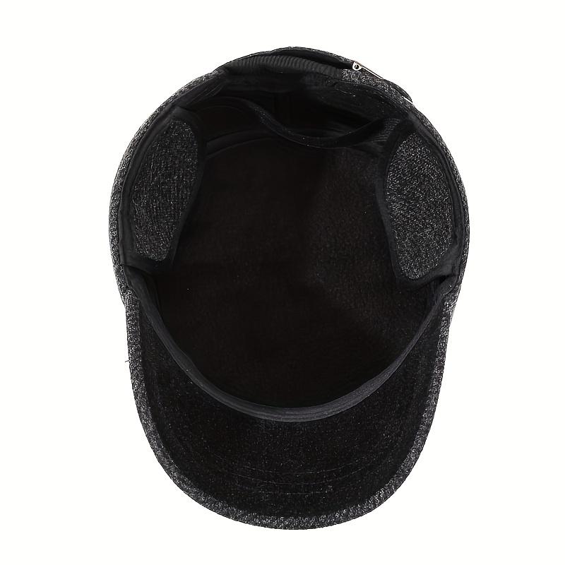 Men's Winter Warm Fleece-Lined Thickened Flat Cap with Ear Flaps - Tweed Style Felt Hat for Elderly & Middle-Aged, Multi-Color Options (Black, Navy, Brown, Grey) - Outdoor & Formal Cold Weather, Christmas/Thanksgiving/Halloween Accessory, Funky & Stylish
