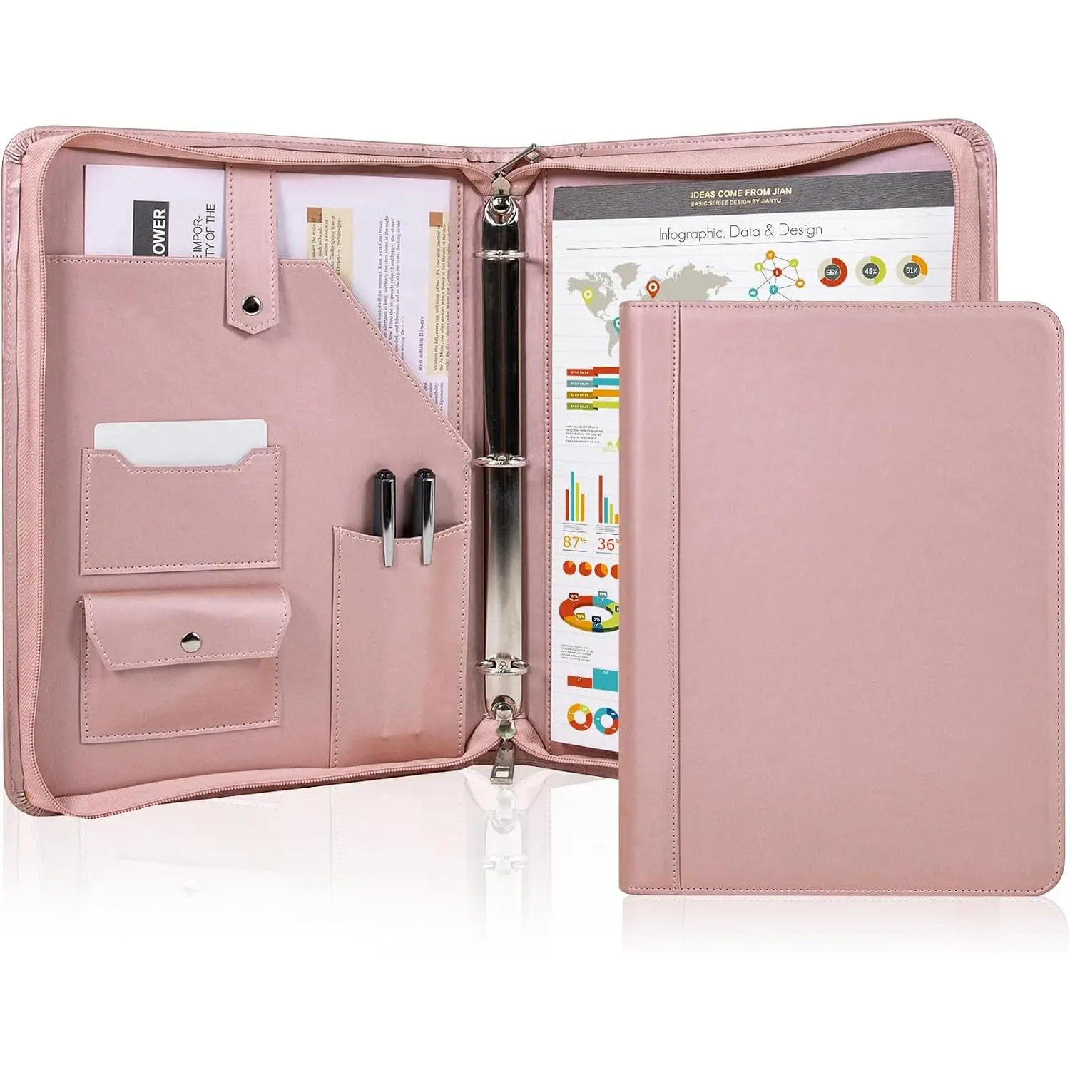 Leather Portfolio Binder, PU Leather Portfolio Organizer for Women, 3 Ring Binder Resume Zippered Padfolio with A4/Letter Size Notepad Holder, Business Work Folio,  for Lady,