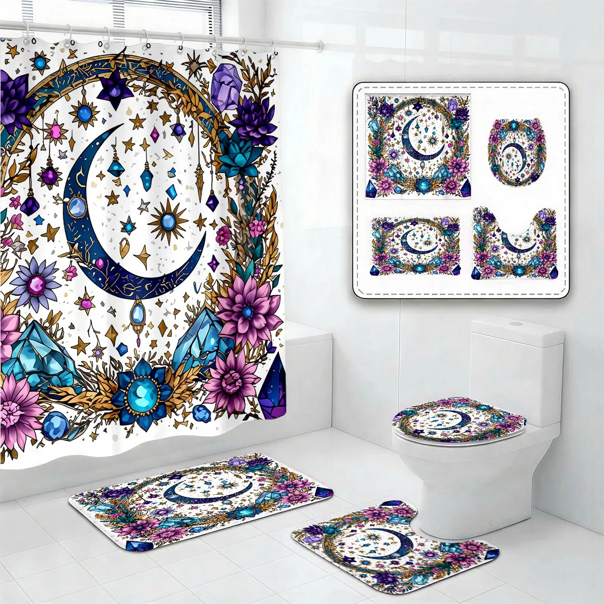 Boho Celestial Shower Curtain Set – Mystical Crescent Moon and Stars with Colorful Healing Crystals Pink Lotus Flowers and Golden Branches Spiritual Witchy Bathroom Decor for Tarot Lovers